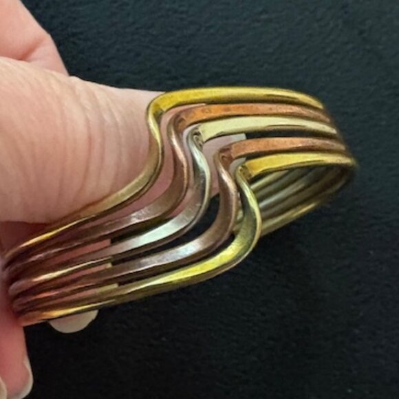Taxco 1980s Vintage Mixed Metals Wave Cuff Bracelet Brass Silver Copper - Picture 5 of 7